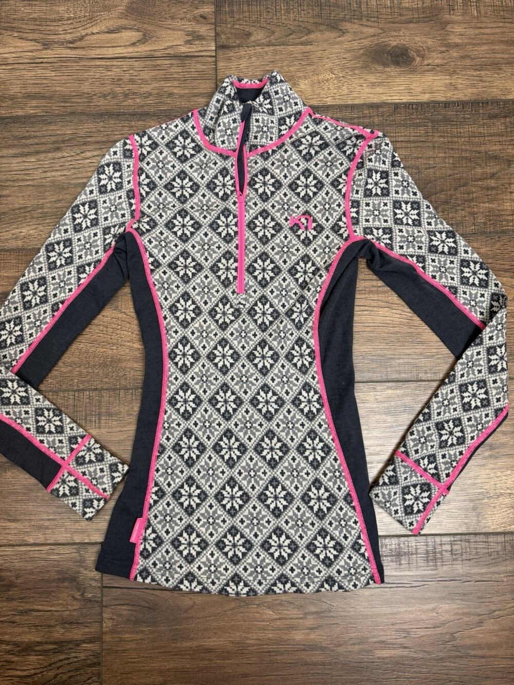 Kari Traa Womens 1/4 Zip Base Layer 100% Merino Wool Geometric Gray Pink Sz S